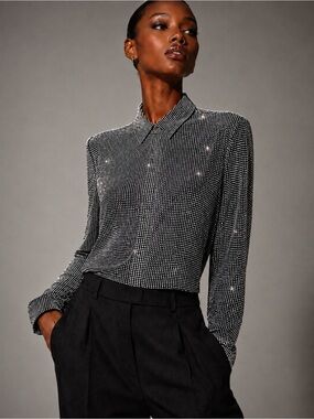 Michael Kors Collection Fully Embellished Crystal Disco Ball Button-Down Blouse